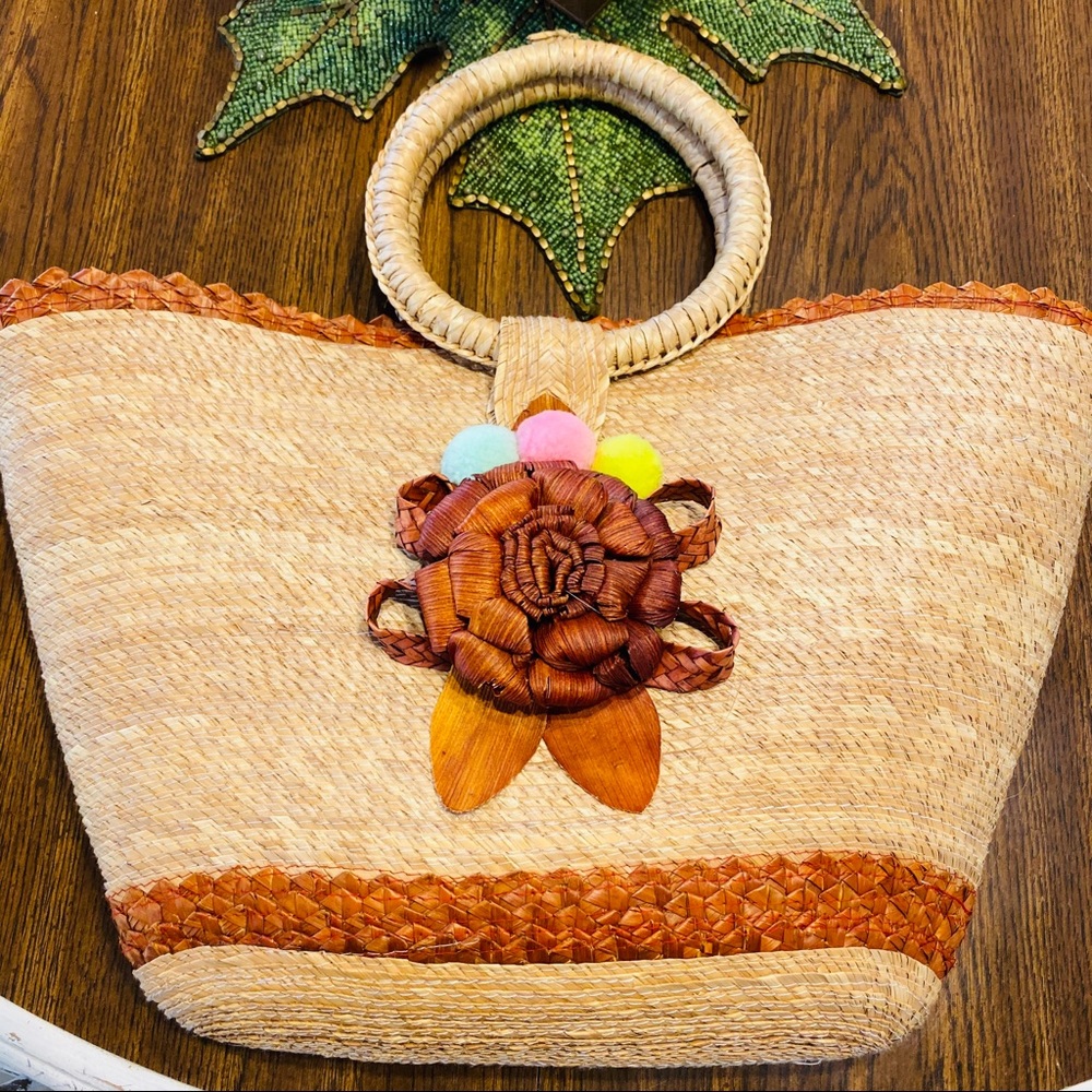 Vintage Boho Straw Summer Beach Bag Tote Pom Poms